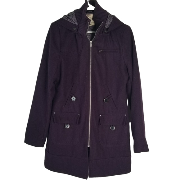 Anthropologie Tulle Wool Blend Hooded Full Zip Coat Size L Purple/Plum - Picture 1 of 14